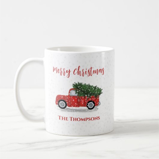 Frohe Weihnachten Winter Rustikaler roter LKW Nied Kaffeetasse (Links)