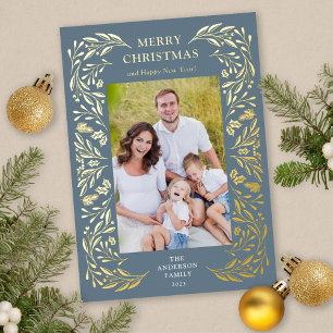 Frohe Weihnachten Wintergrün Foto Gold Folien Feiertagskarte