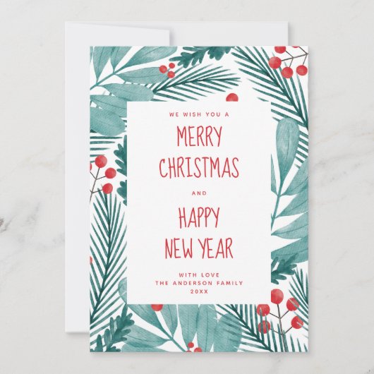 Frohe Weihnachten. Winterkiefern und Blumen Feiertagskarte (Vorderseite)