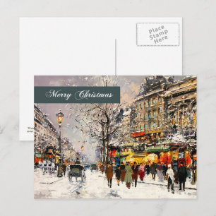Frohe Weihnachten. Winterliche Pariser Szene Feiertagspostkarte