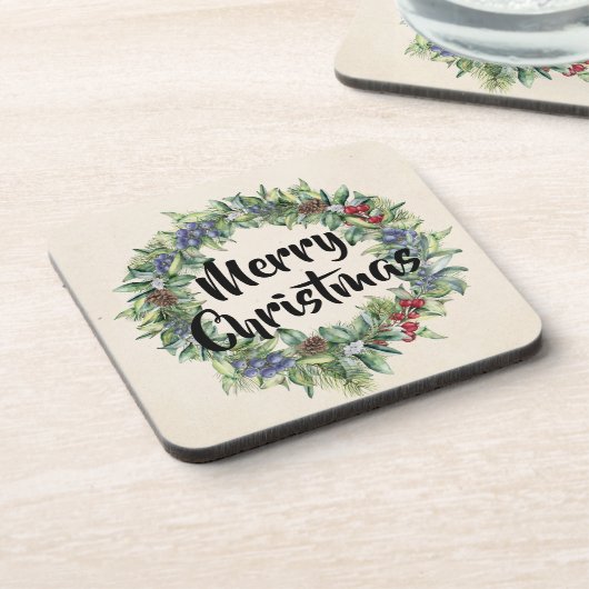 Frohe Weihnachten - Wraath - Handgemalte Wasserfar Getränkeuntersetzer (Linke Seite)