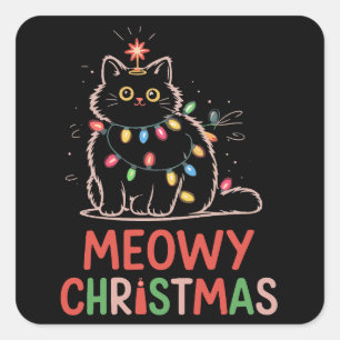 Frohe Weihnachten Xmas Lichter schwarze Katzen-Pyj Quadratischer Aufkleber