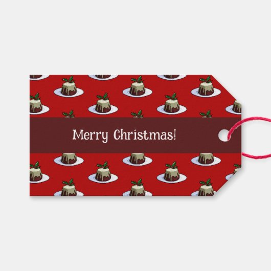 Frohe Weihnachten! Xmas Pudding & Holly Pattern Geschenkanhänger (Vorderseite (Horizontal))