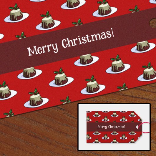 Frohe Weihnachten! Xmas Pudding & Holly Pattern Geschenkanhänger