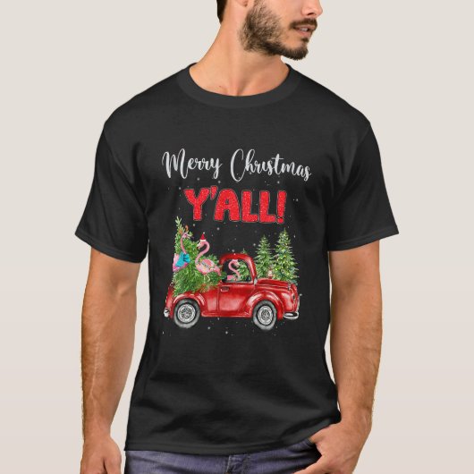 Frohe Weihnachten Y’All Xmas Bäume Flamingo Red Pl T-Shirt (Vorderseite)