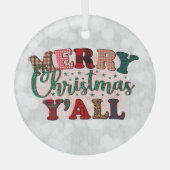 Frohe Weihnachten Y'All Karierter Text Ornament Aus Glas (Vorderseite)