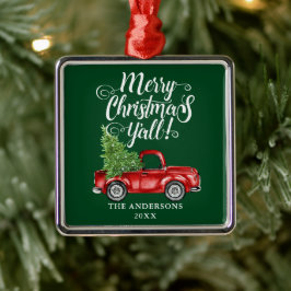 Frohe Weihnachten Y'all Red Truck Green Square Ornament Aus Metall