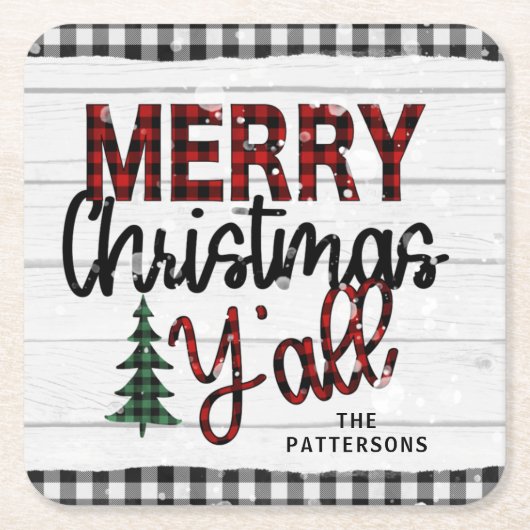 Frohe Weihnachten Y'all Rustikale Karierte Bäume N Rechteckiger Pappuntersetzer (Vorderseite)