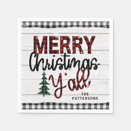 Frohe Weihnachten Y'all Rustikale Karierte Bäume N Serviette (Vorderseite)