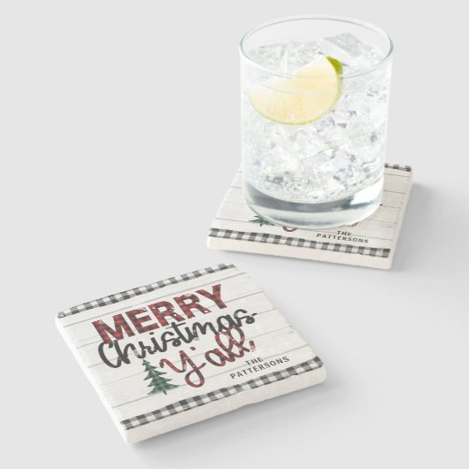 Frohe Weihnachten Y'all Rustikale Karierte Bäume N Steinuntersetzer (Seitenansicht)