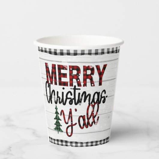 Frohe Weihnachten Y'all Rustikale Karierte Bäume U Pappbecher (Vorderseite)