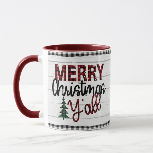Frohe Weihnachten Y'all Rustikale Karierte Bäume U Tasse (Links)