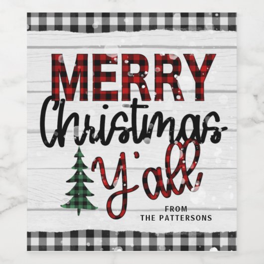 Frohe Weihnachten Y'all Rustikale Karierte Bäume U Weinetikett (Einzelnes Label)