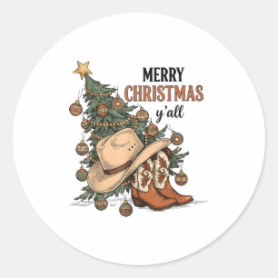 Frohe Weihnachten Y'all Western Cowboy Stiefel Hut Runder Aufkleber