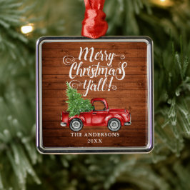 Frohe Weihnachten Y'all Wood Red Truck Square Ornament Aus Metall