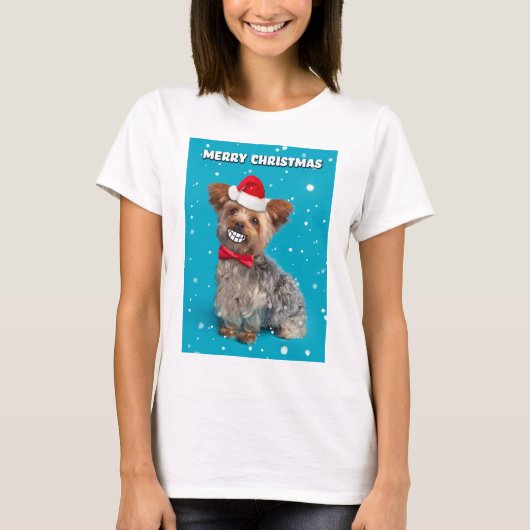 Frohe Weihnachten Yorkie Dog in Weihnachtsmannmütz T-Shirt (Vorderseite)