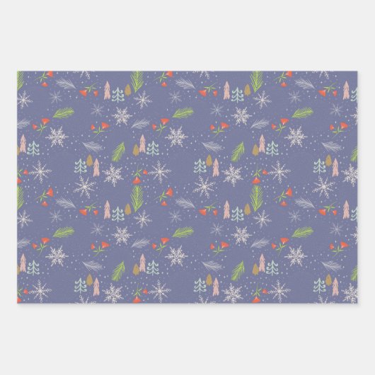 Frohe Weihnachten Zeichnend Bäume Schneeflocken Bl Geschenkpapier Set (Vorderseite 3)