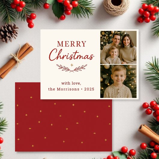 Frohe Weihnachten Zwei Foto Red Holiday Flat Card Einladung