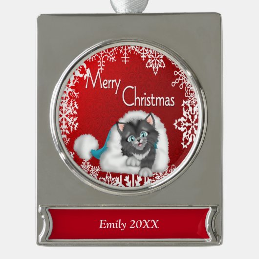 Frohe Weihnachtenniedliche Kitty-Fahnen-Verzierung Banner-Ornament Silber (Vorderseite)