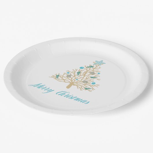 Frohe Weihnachtenseashell-Weihnachtsbaum Pappteller (Schrägansicht)