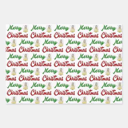 Frohe Weihnachts Angel Rot-Grün-Skript Geschenkpapier Set (Vorderseite)