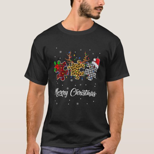 Frohe Weihnachts-Autismus Puzzle Leopard Weihnacht T-Shirt (Vorderseite)