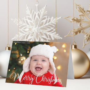 Frohe Weihnachts Baby Foto Chic White Calligraphy Feiertagskarte