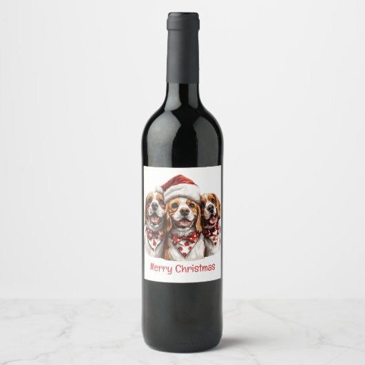 Frohe Weihnachts-Beagle-Hunde Weinetikett (Vorderseite)