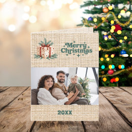 Frohe Weihnachts-Beige Burlap Retro-Fotokarte Feiertagskarte