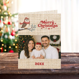 Frohe Weihnachts-Beige Burlap Retro-Uhusfotokarte Feiertagskarte