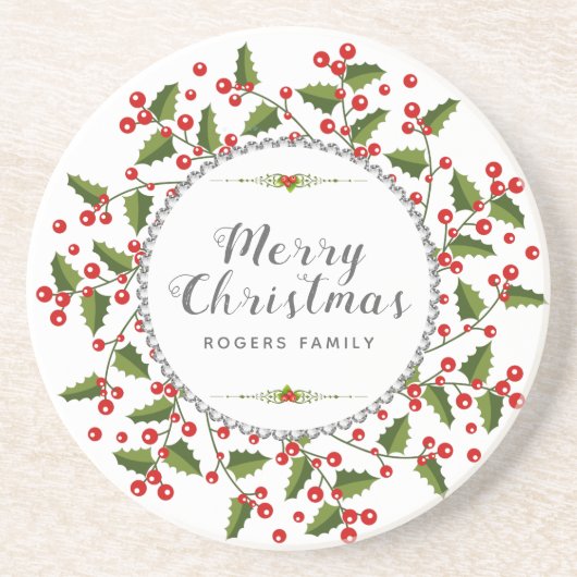 Frohe Weihnachts Berries Wreath & Modern Typografi Getränkeuntersetzer (Vorne)