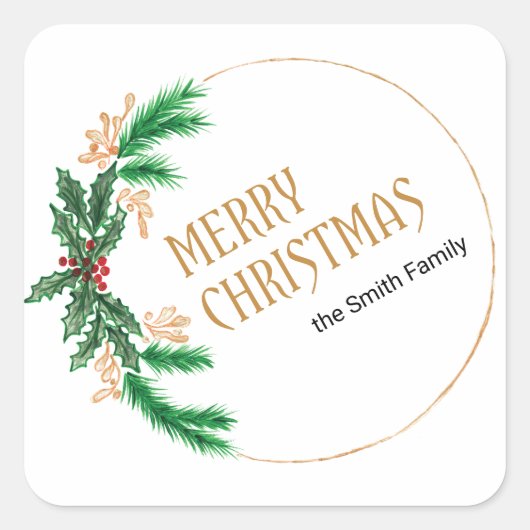 Frohe Weihnachts Berries Wreath Quadratischer Aufkleber (Vorderseite)
