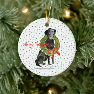 Frohe Weihnachts Black Lab Hund Wreath Holly Famil Keramik Ornament
