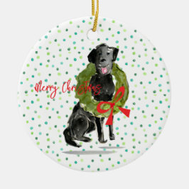 Frohe Weihnachts Black Lab Hund Wreath Holly Famil Keramik Ornament