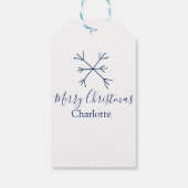 Frohe Weihnachts-blaue Schneeflocken fügen Namen F Geschenkanhänger (Rückseite)