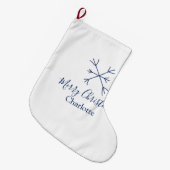 Frohe Weihnachts-blaue Schneeflocken fügen Namen F Großer Weihnachtsstrumpf (Vorderansicht (hängend))