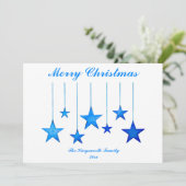 Frohe Weihnachts-blaue Sterne mit Text-Flachkarte (Stehend Vorderseite)