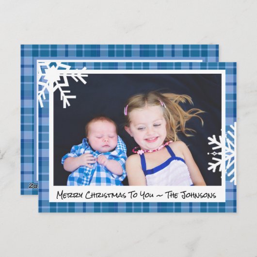 Frohe Weihnachts Blue Kariert Family Foto Card Postkarte (Vorne/Hinten)