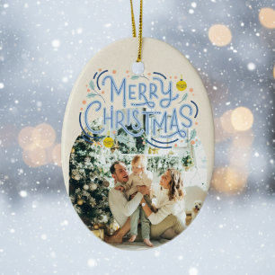 Frohe Weihnachts Blue Typografy Arched Foto Keramik Ornament
