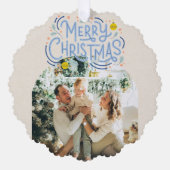 Frohe Weihnachts Blue Typografy Arched Foto Ornament Karte (Vorderseite)