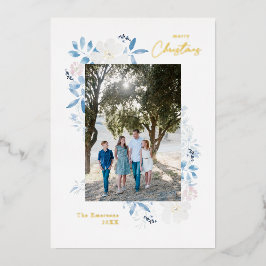 Frohe Weihnachts Blue Watercolor Blume Frame Light Folien Feiertagskarte