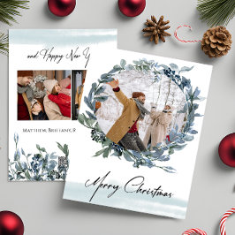 Frohe Weihnachts Blue Wreath Foto Urlaubskarte Feiertagskarte