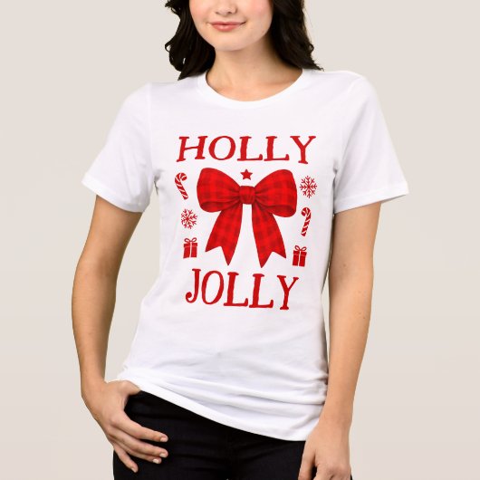 Frohe Weihnachts-Bluse mit rotem Gingham-Schleife Tri-Blend Shirt (Vorderseite)