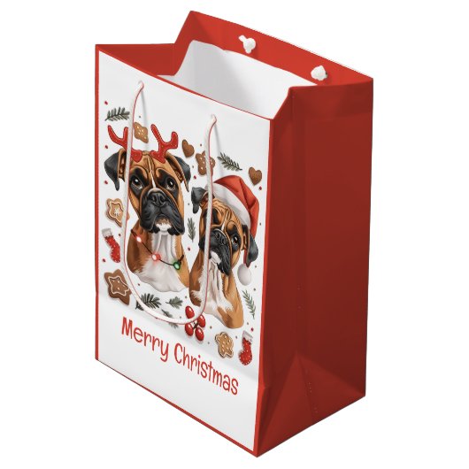 Frohe Weihnachts-Boxer-Hunde Mittlere Geschenktüte (Vorderseite Schrägansicht)