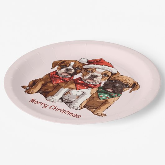 Frohe Weihnachts-Boxer-Hunde Pappteller (Schrägansicht)