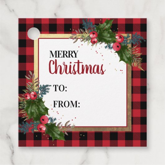 Frohe Weihnachts Buffalo Karo Watercolor Holly Geschenkanhänger (Vorderseite)
