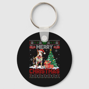 Frohe Weihnachts-Bull Terrier Hund liebt hässliche Schlüsselanhänger
