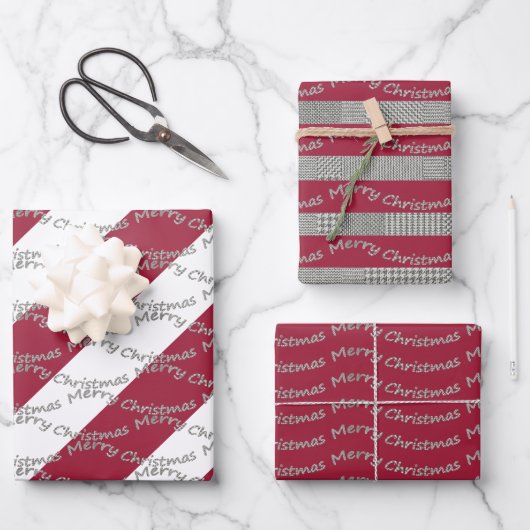 Frohe Weihnachts Burgund Hahnentrittmuster Pattern Geschenkpapier Set (Vorderseite)