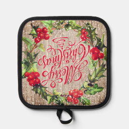 Frohe Weihnachts Callgraphy Holly Wreath Red Green Topflappen