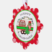 Frohe Weihnachts-Camping Pun Retro RV Camper Ornament Karte (Linke Ecke)